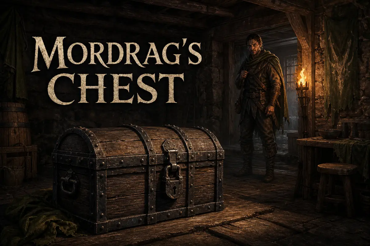 Editorial Old Camp room with Mordrag, an iron-bound chest, and the title Mordrag's Chest
