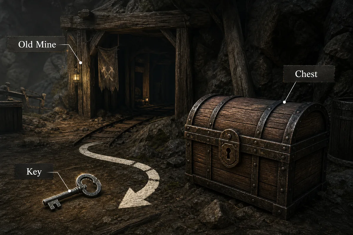 Editorial Old Mine entrance with a key, locked chest, and route marker for Gothic 1 Remake