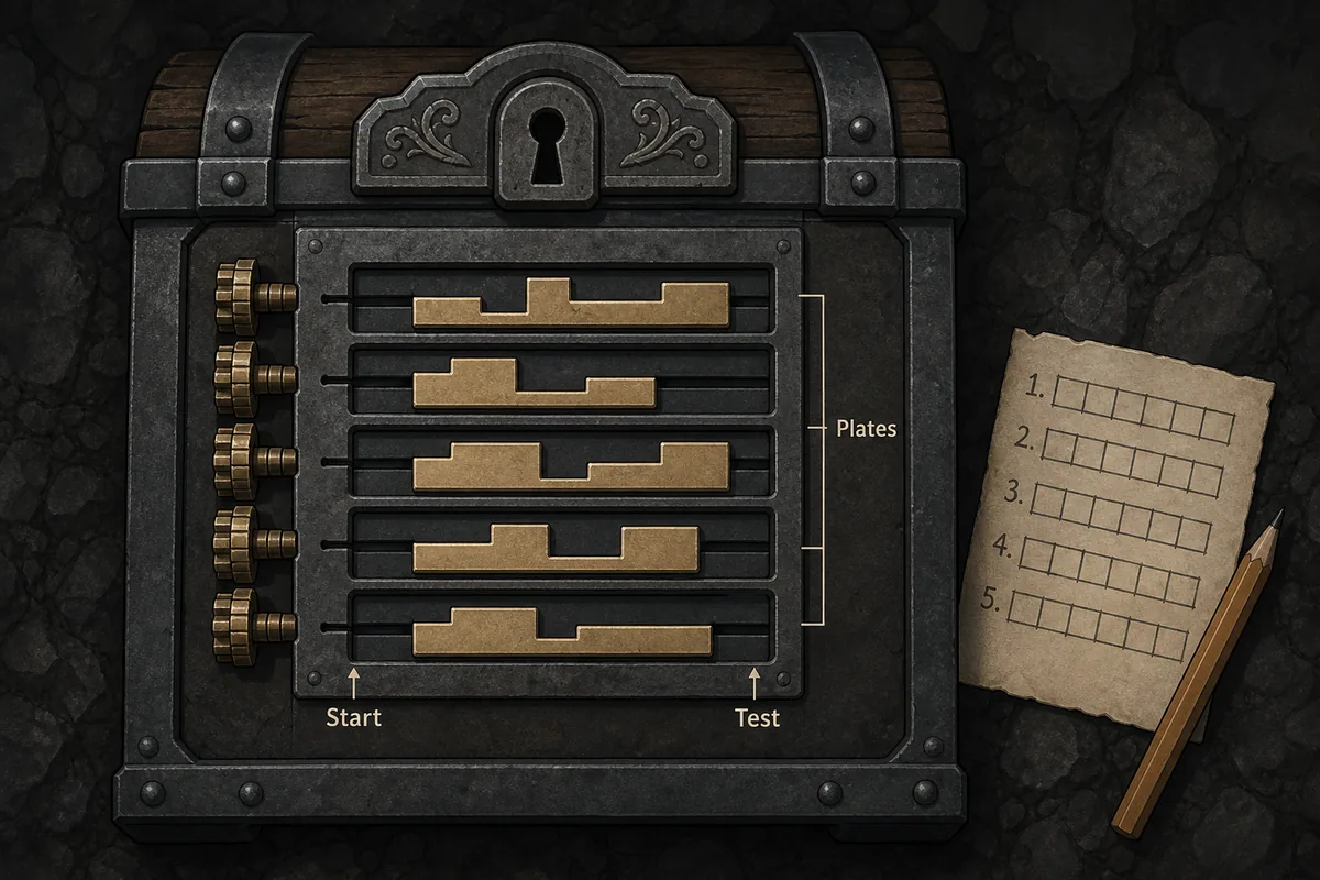 Editorial five-plate lock record sheet for mapping a Gothic 1 Remake Old Mine chest