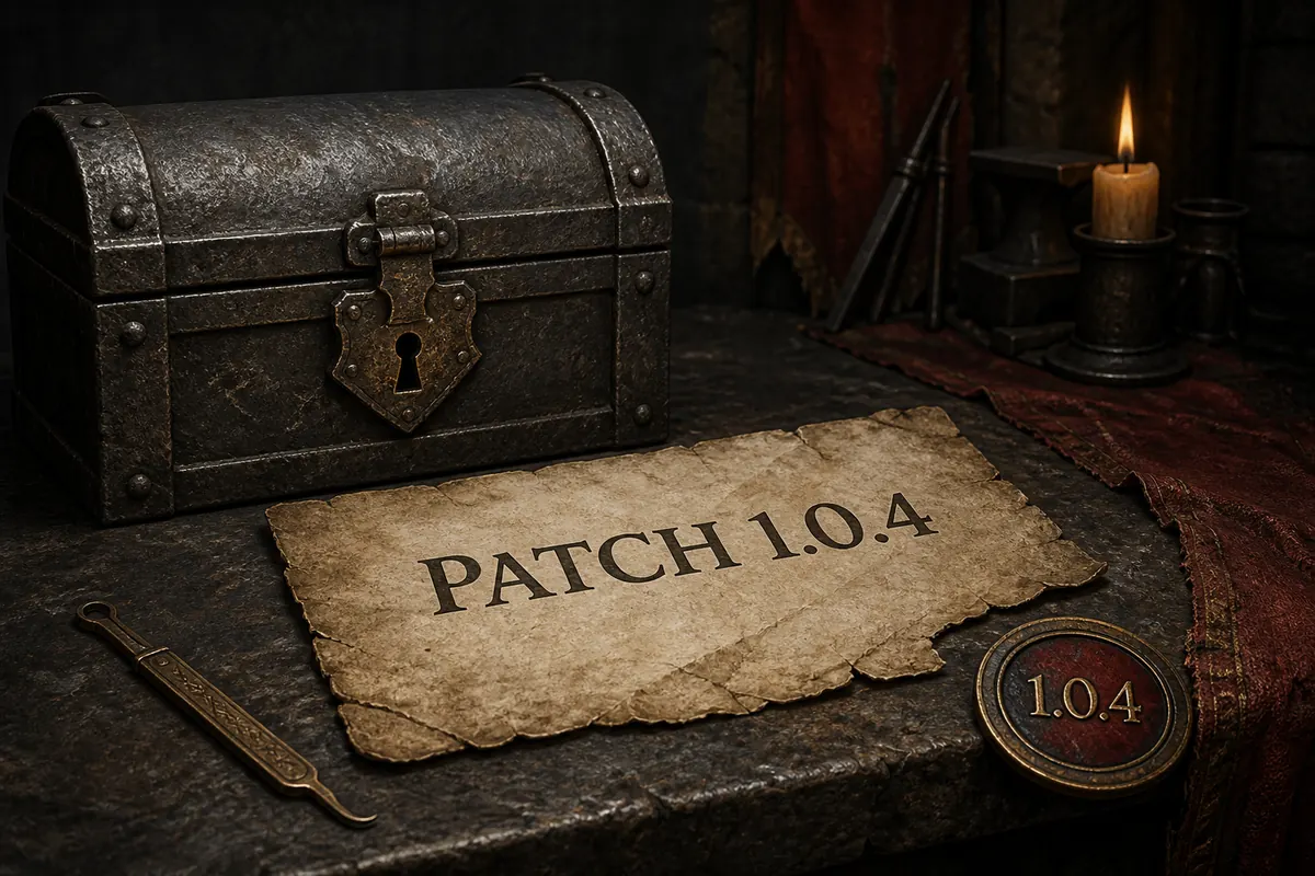 Conceptual Gothic 1 Remake patch 1.0.4 changelog beside a locked chest and lockpick