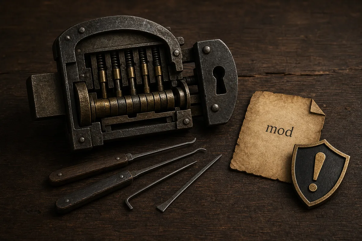 Editorial illustration of a Gothic 1 Remake style lock, lockpicks, a mod file, and a caution shield