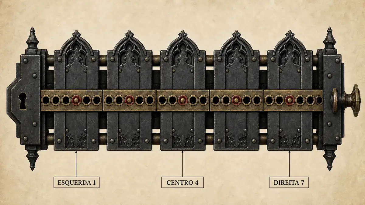 Esquema de gazuas em Gothic 1 Remake com as etiquetas ESQUERDA 1, CENTRO 4 e DIREITA 7 para mostrar a numeração dos furos num trilho de sete posições.