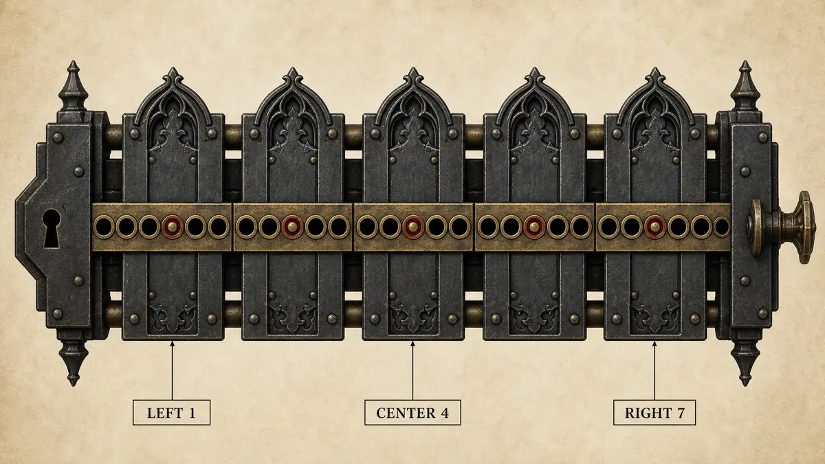 Seven-hole Gothic-style lock plate diagram showing left, center target, and right positions