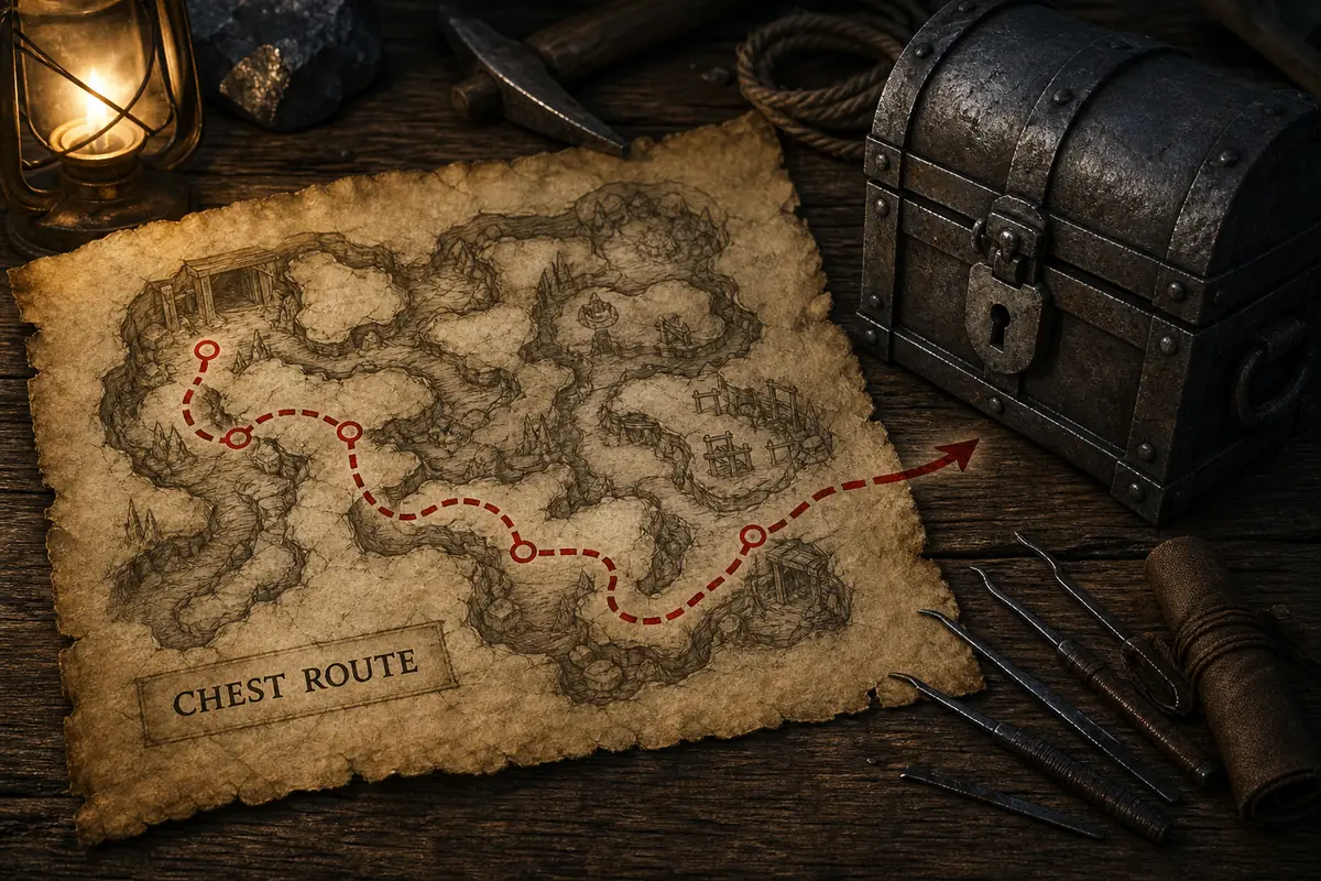 Editorial Gothic Remake chest locations map with a locked iron chest and route markers