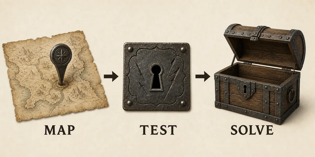 Editorial flow graphic showing map, test lock plate, and solved Gothic Remake chest