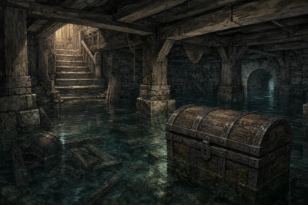 Editorial illustration of a submerged iron chest beneath Silas's New Camp tavern
