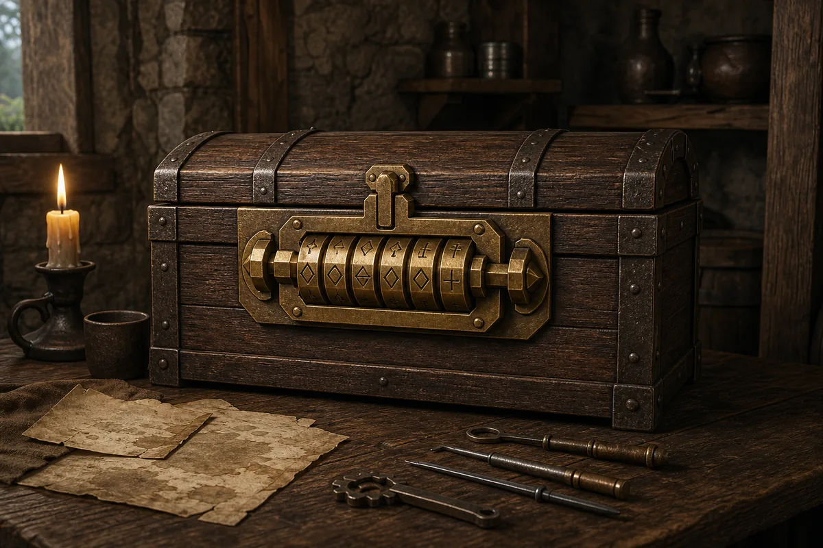 Editorial illustration of Lares's six-plate chest lock and lockpicks in a New Camp tavern setting