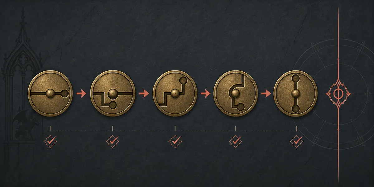 Editorial diagram showing five lock stages moving toward a centered target without claiming exact in-game pin states