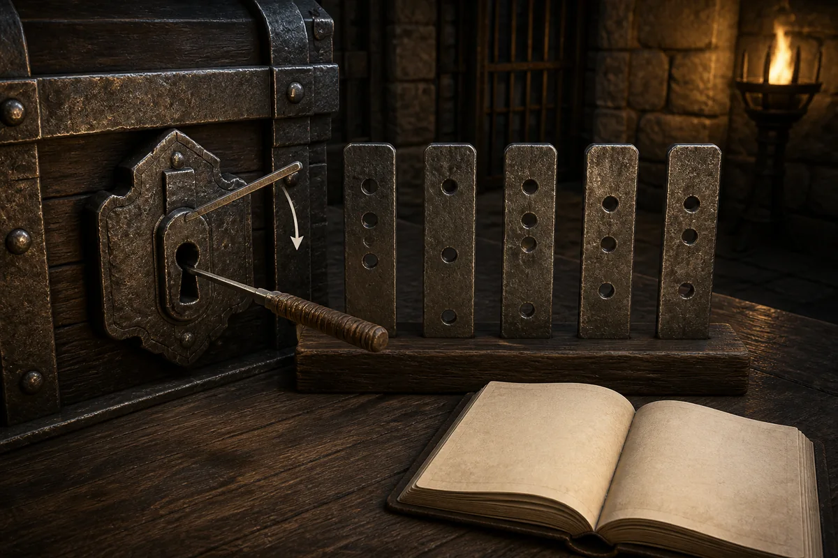Editorial illustration of an iron chest lock, linked metal plates with holes, and a blank observation notebook