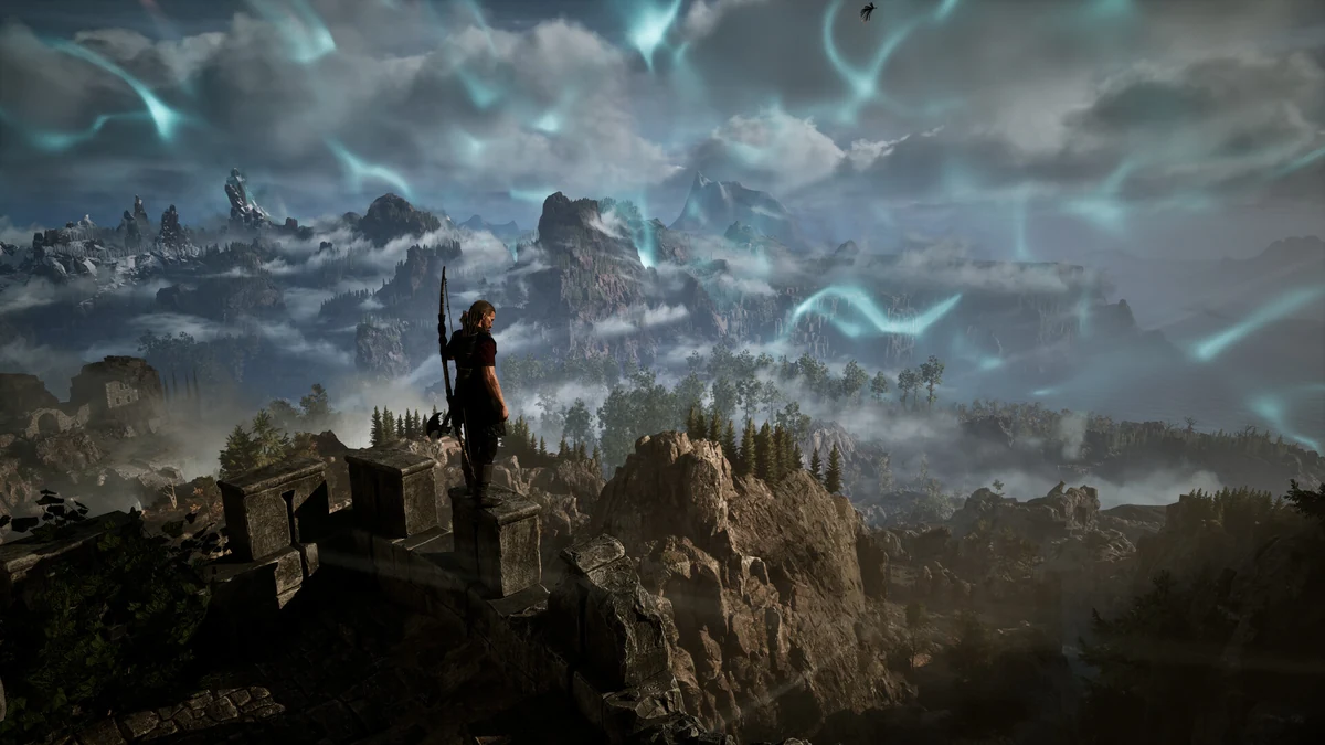Official Gothic 1 Remake Steam screenshot showing a mountain landscape and ruined stone vantage point