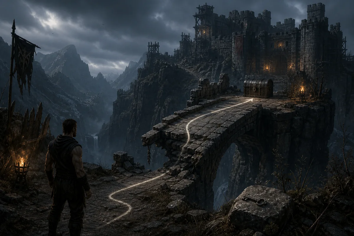 Editorial route illustration of a mountain fortress chest beyond a broken bridge with a key