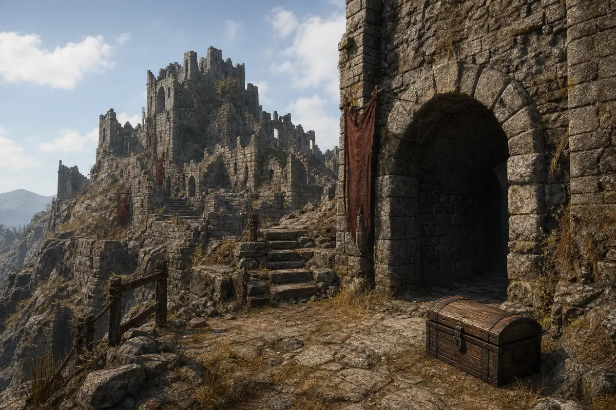 Editorial concept illustration of the Gothic Remake Old Citadel ruins, an arched entrance, and a chest