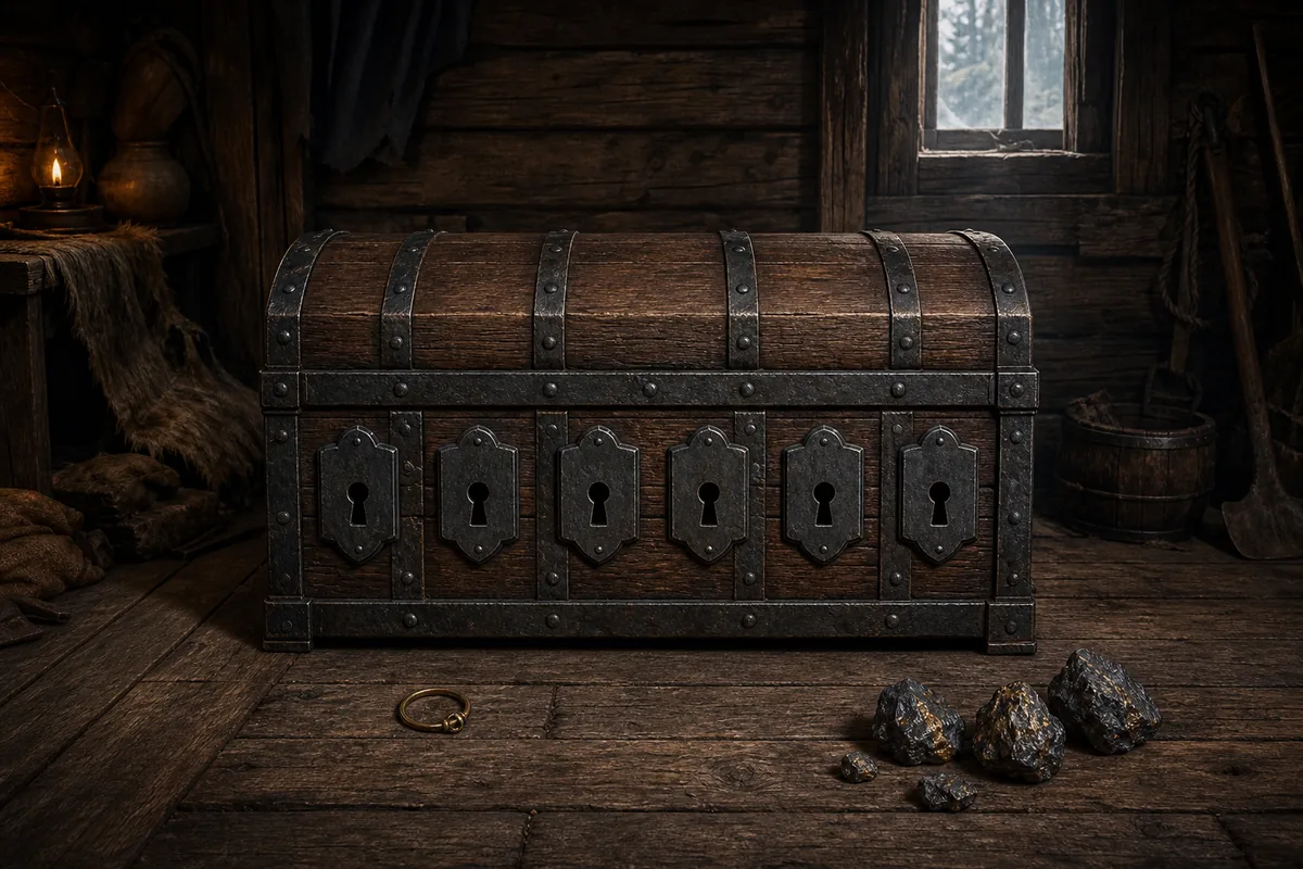 Editorial illustration of Scatty's locked chest and early-game reward items in Gothic 1 Remake