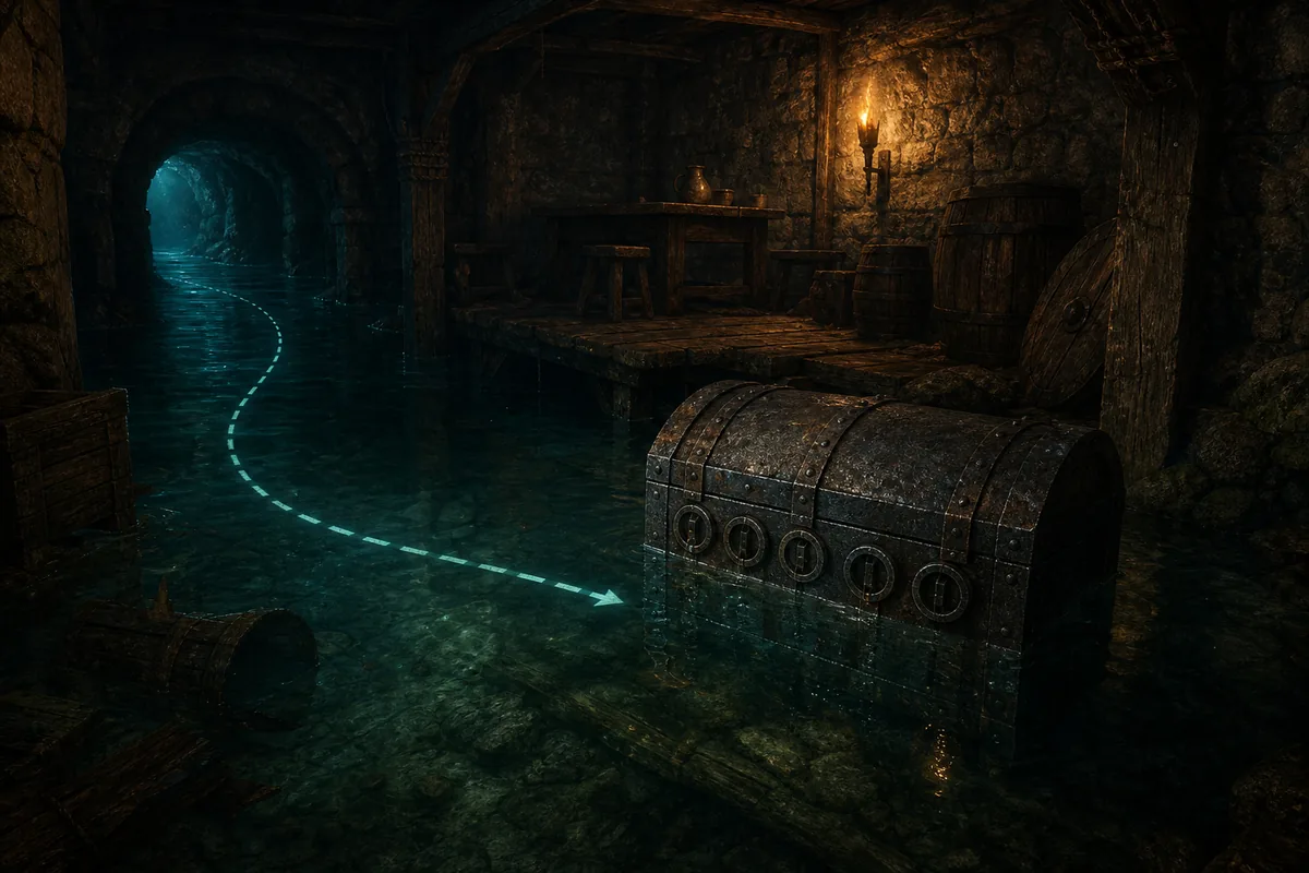 Explanatory illustration of a flooded cellar chest with five Gothic Remake lock plates